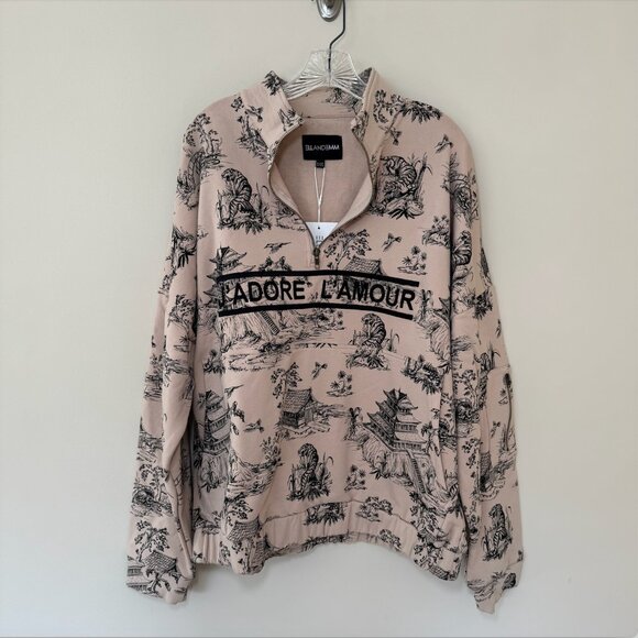 NWT EllandEmm J'adore Half Zip Windbreaker Sweatshirt Cream Black Size XL/XXL - Picture 3 of 7